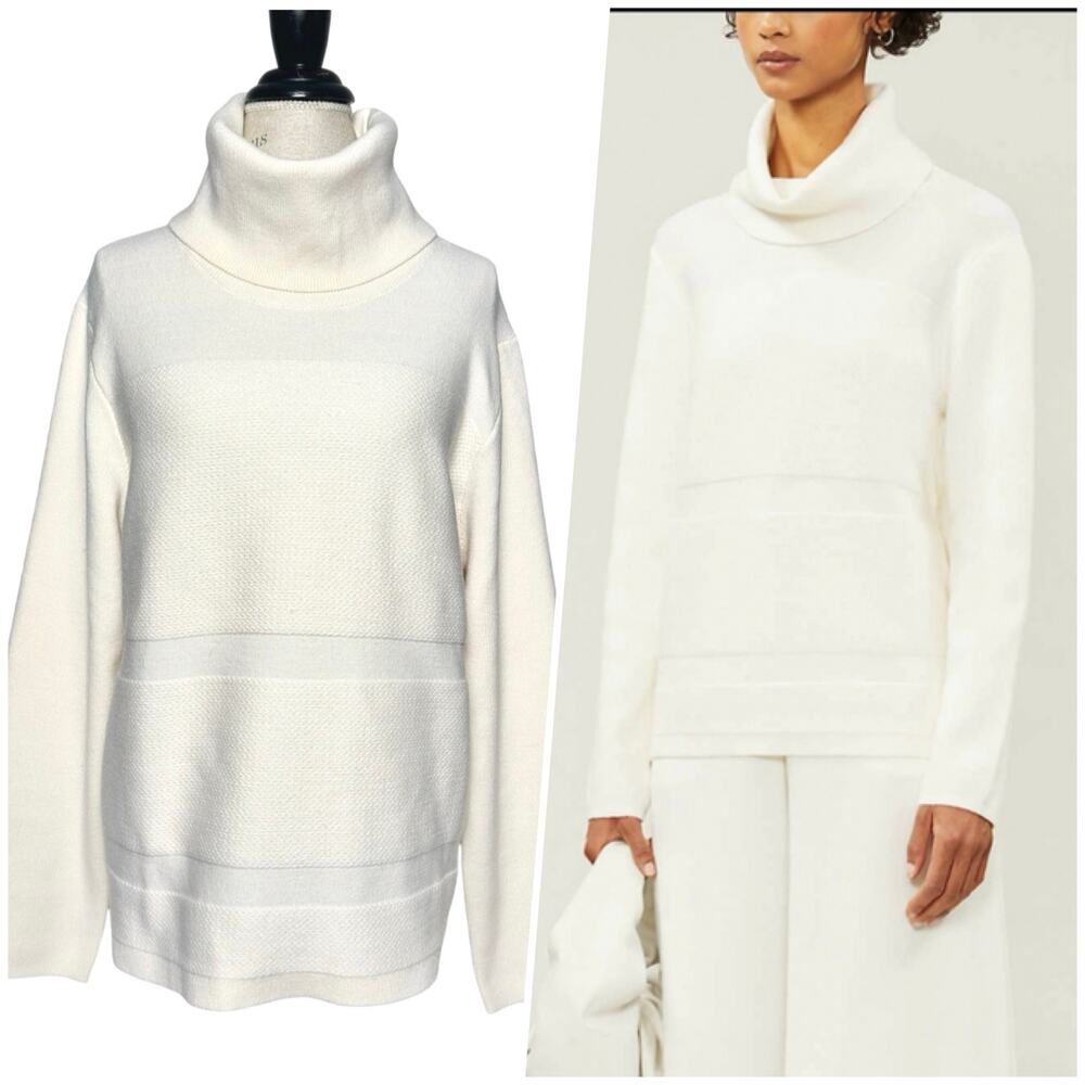 Reiss | Women | Ivory Wool Blend Textured Stretch Knit Roll Neck Sweater | Large